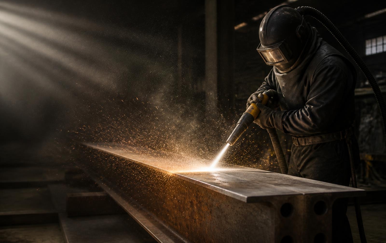 Professional sandblasting of a structural steel beam